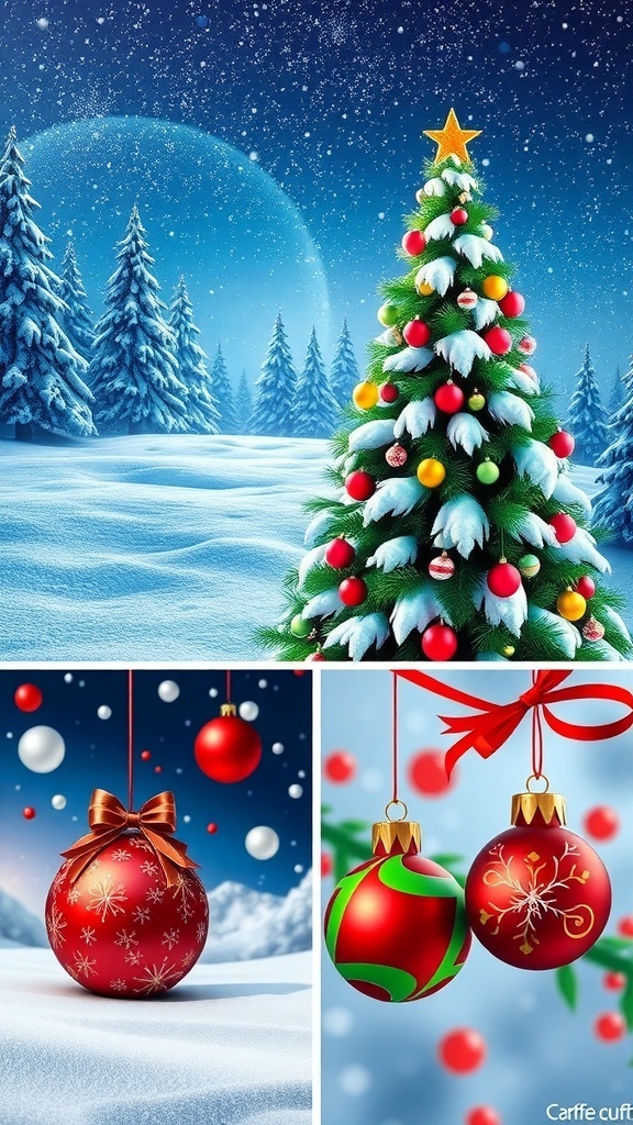 3D Christmas wallpapers for iPad featuring winter scenes, Christmas trees, and ornaments.